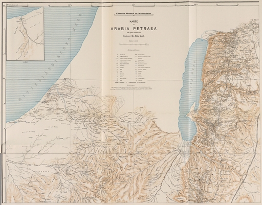 Musilova mapa Arábie  Alois Musil / Public domain   https://upload.wikimedia.org/wikipedia/commons/a/a4/Kusajr_Amra%2C_Die_Karte_von_Arabia_Petraea.jpg